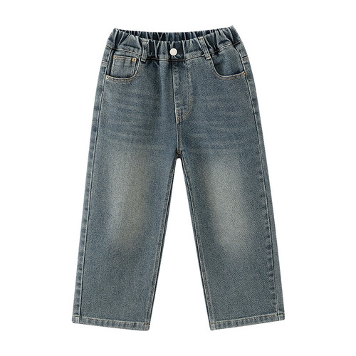 Children's denim pants for boys, long straight-leg pants with lining, pure color sporty wide-leg pants, warm-lined for warmth