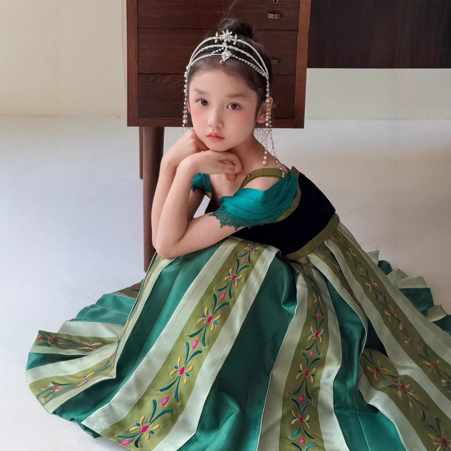 Yybr New Girls' Heavy Craft Princess Anna Dress Children's Strap Embroidered Gown Dress Christmas Birthday Long Dress