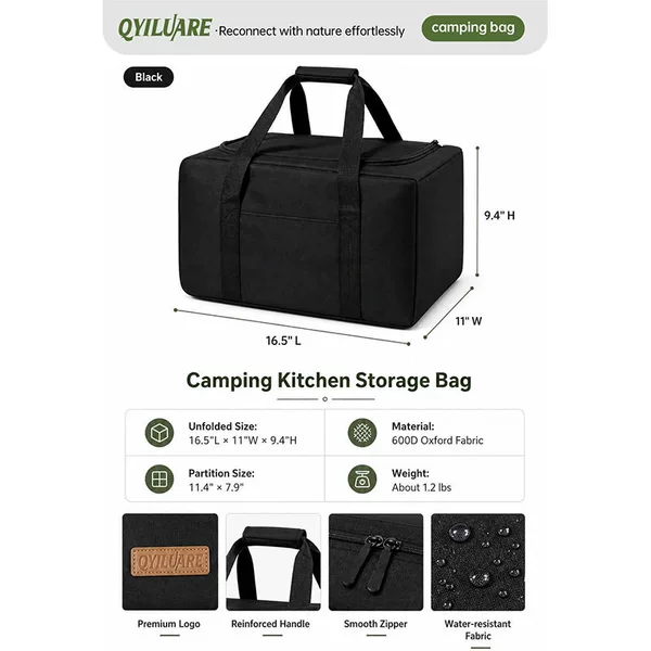 Camping kitchen storage bag, 28-liter waterproof outdoor camping cookware organizer, suitable for camping utensils