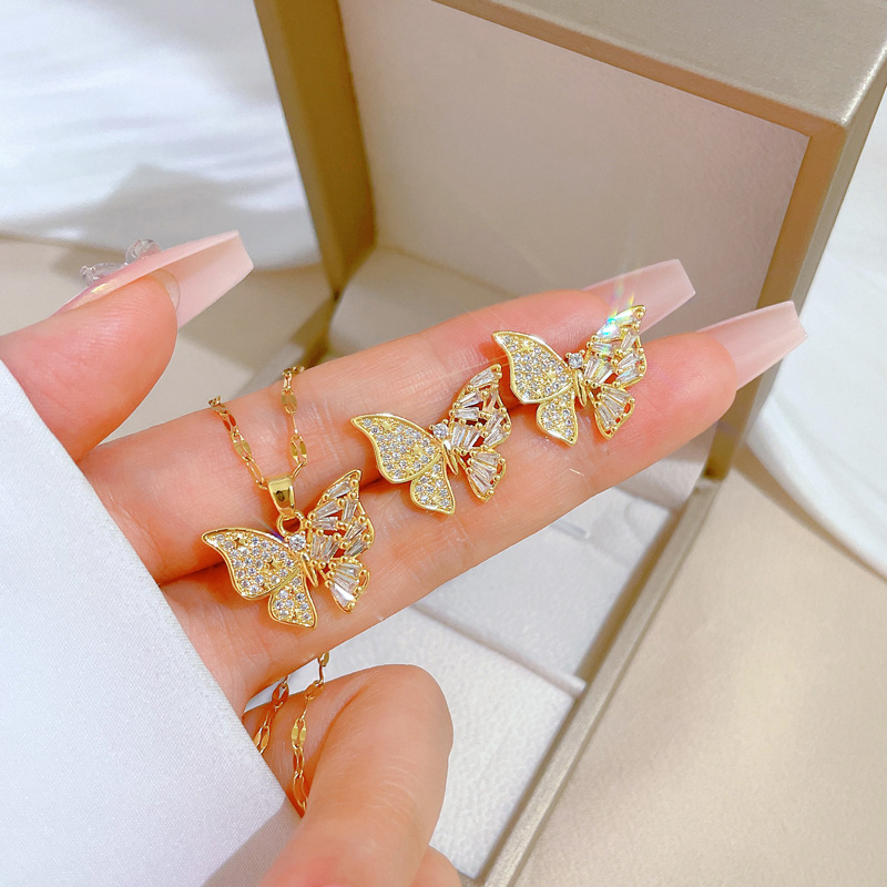 Date Occasion Sweet Butterfly Titanium Steel Copper Inlay Zircon Earrings Necklace