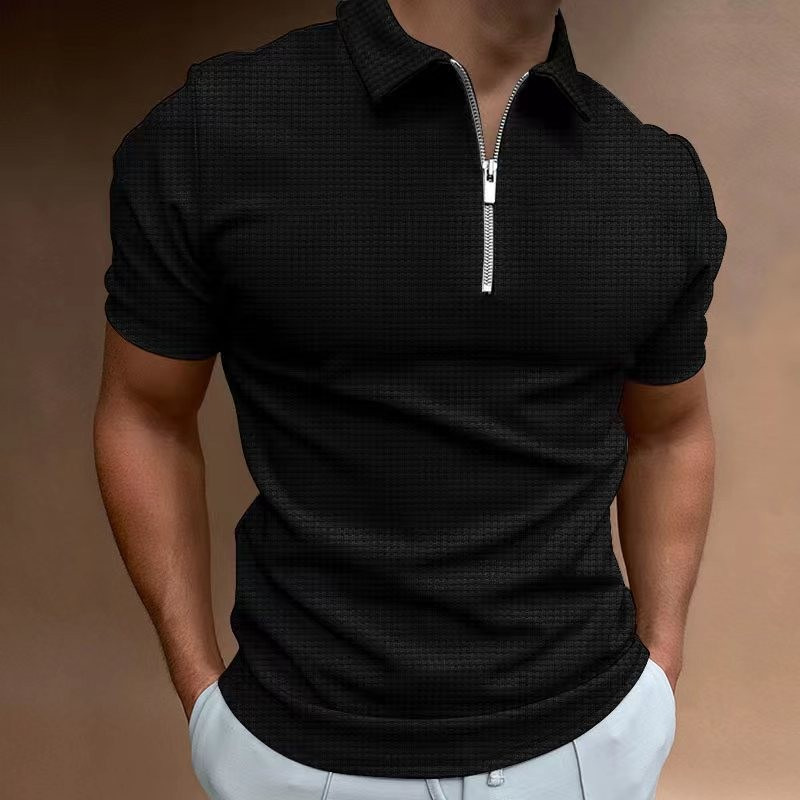 2024 Amazon Cross-Border Summer New Youth Waffle Men's Solid Color Zipper Short-Sleeved Polo Shirt Top