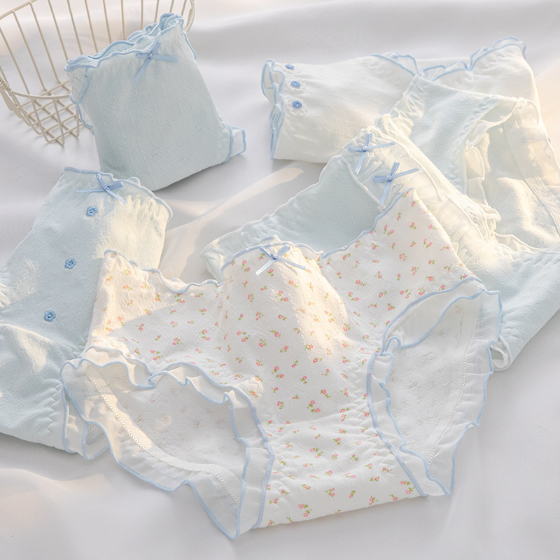 Fresh Blue Sweet Underwear Women's Class A Baby Cotton 10A Antibacterial Crotch Breathable Mid-Waist Hip Briefs for Girls