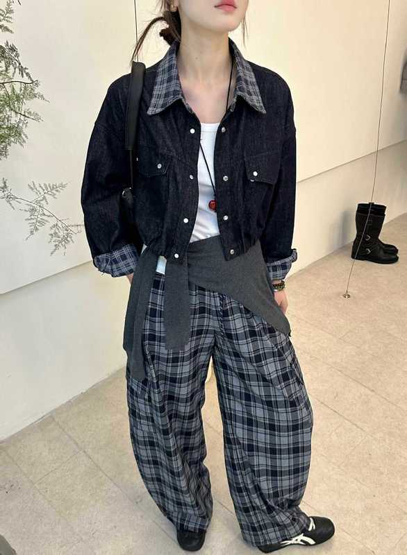 休闲牛仔短外套女2025秋新款气质翻领格子拼接单排扣夹克宽松上衣|undefined