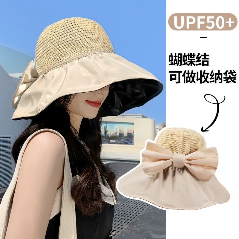Spring summer travel hat with bow solar-powered, Korean style, sun protection