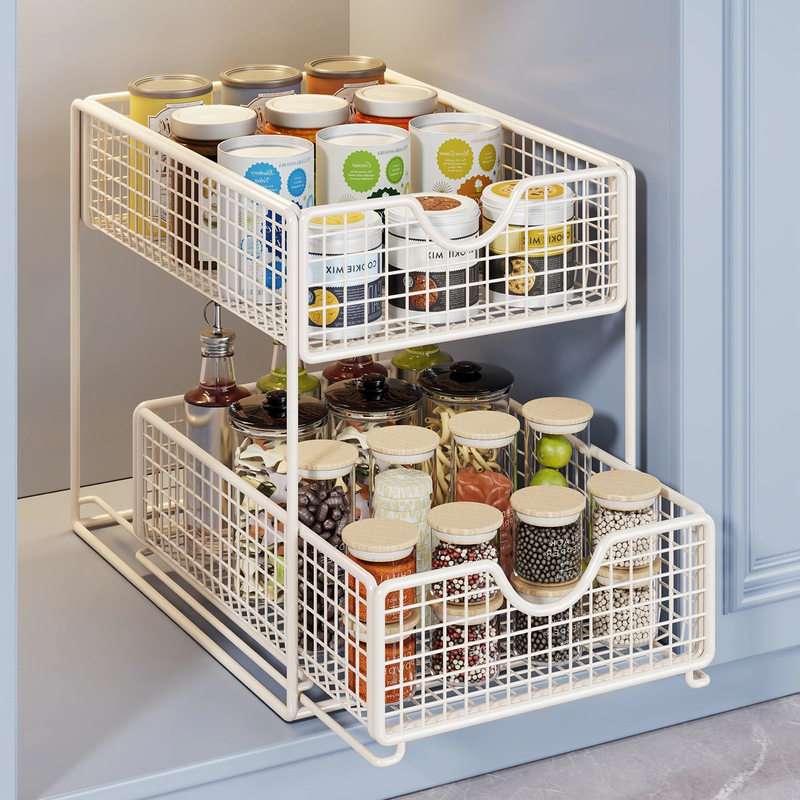 Pull-Out Storage Shelf in the Cabinet, Bathroom Sink Storage Basket, Multi-Layer Bathroom Sink Pull-Down Basket, Layered Rack
