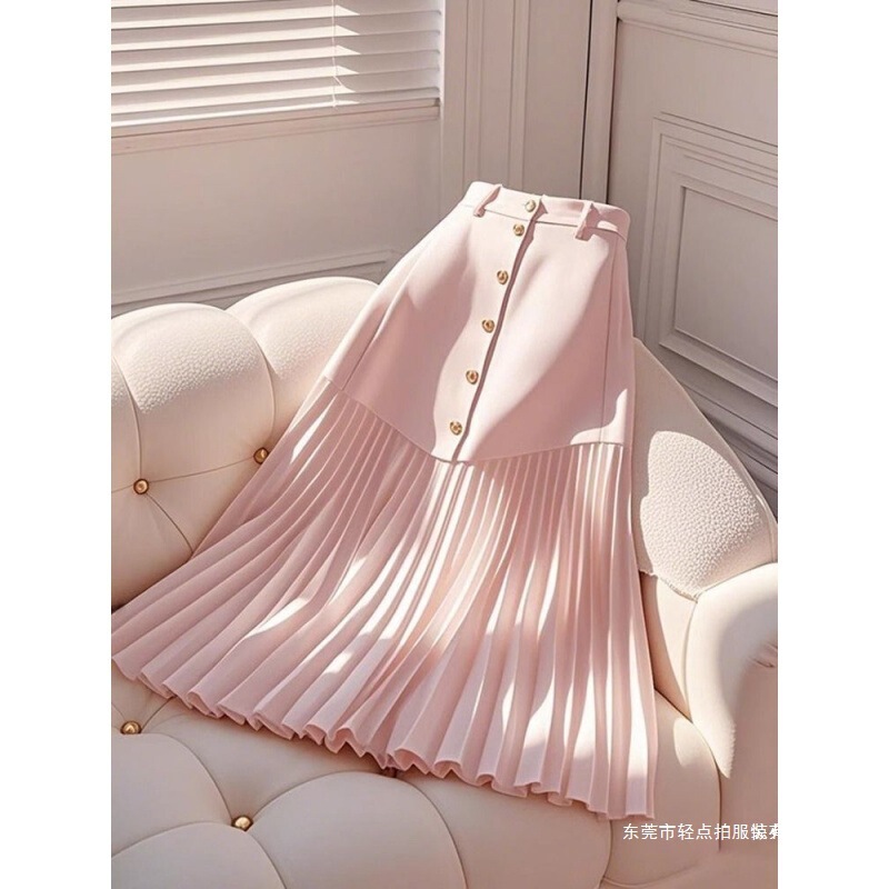 This Year's Popular Beautiful Pear-Shaped Figure High-Waisted Hip-Covering Slimming Look Pink Splicing Pleated Skirt Women's Mid-Length Skirt