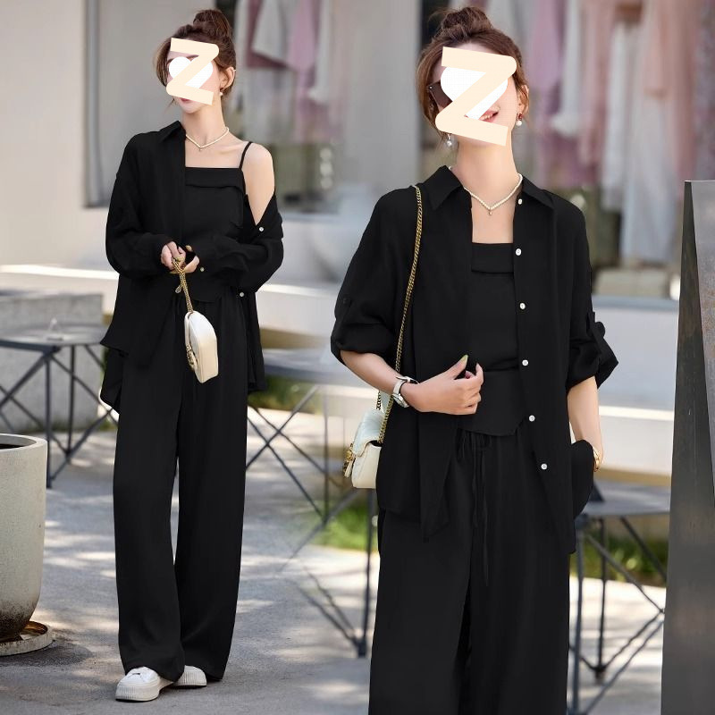 女性のための美しい夏の衣装セット 2025 新しいレイジースタイル日焼け止めシャツサスペンダーカジュアルワイドレッグパンツ 3 点セット|undefined