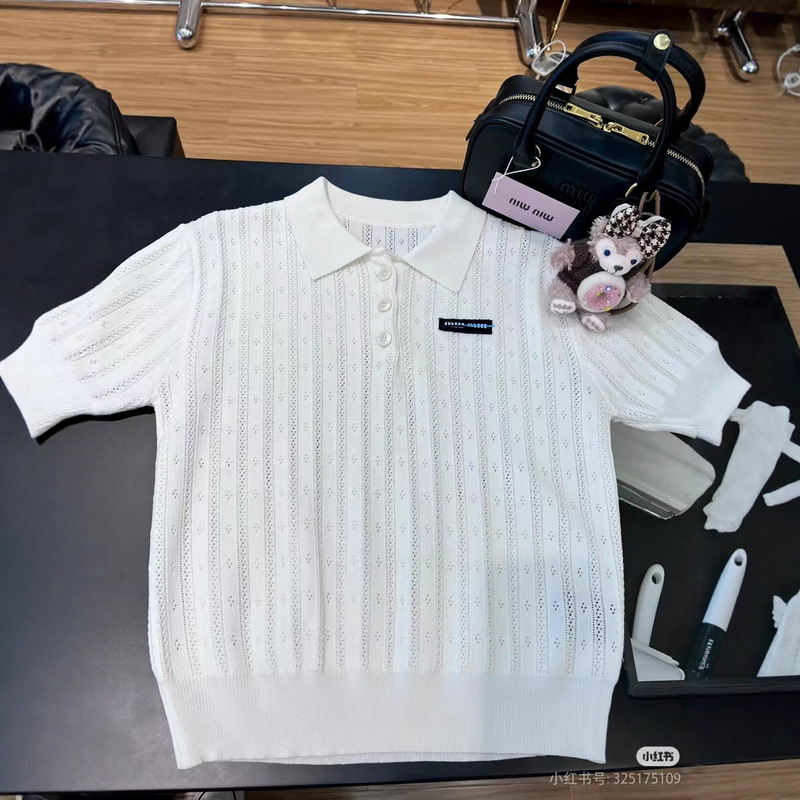 Miaojia 25 New Letter Short-Sleeved Knitted Polo Shirt Cut Out Top Slim Short-Sleeved Versatile Da Lang Knitted Factory