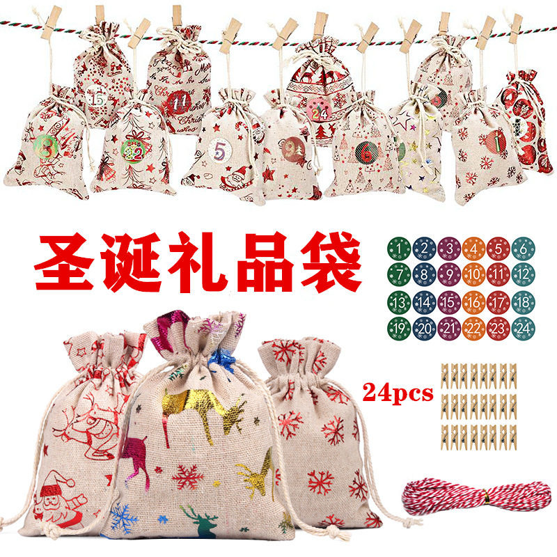 Calendario de Adviento con Pegatinas, Bolsas de Algodón y Lino Navideñas con Estampado Dorado, Bolsas de Regalo Navideñas, Juego de Bolsas para Dulces con Estampado Dorado, 24 Piezas