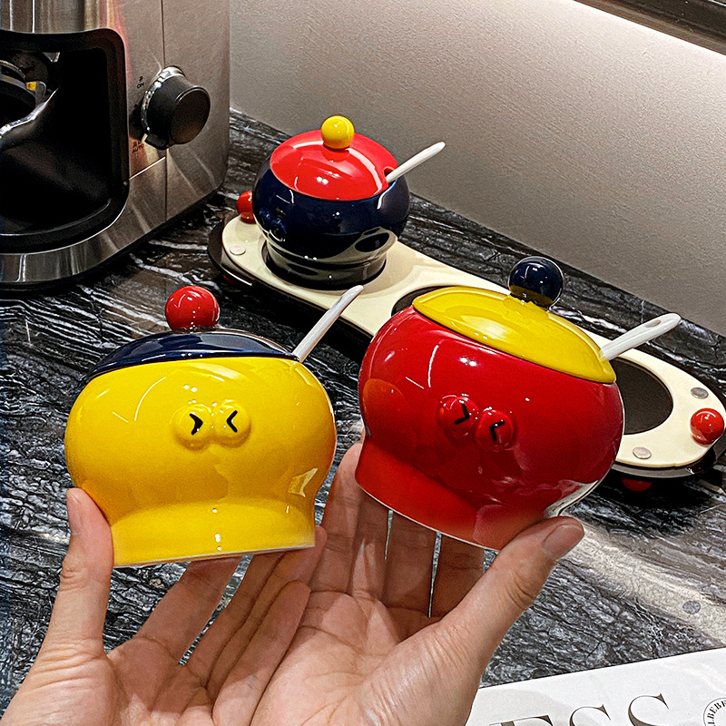 Conjunto de frasco de cerámica original de Shang 'en, frasco de sal de cocina con cuchara, frasco de condimento de cocina, caja de condimento de MSG doméstica