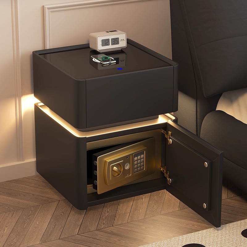Smart Bedside Table with Integrated Safe, Italian Minimalist Style, Multifunctional, Light Luxury, High-End Feel, Integrated Bedroom Storage Cabinet