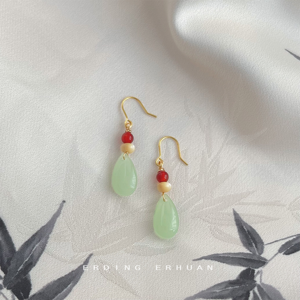 New Chinese Style Water Drop Shaped Glass Ear Hook Red Agate Natural Stone Earrings Design Handmade Earrings for Women