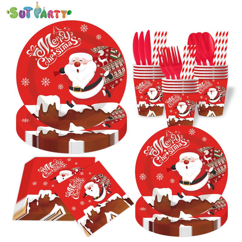 Santa Claus decoration prop set, disposable paper plates, paper cups, paper towels, Christmas atmosphere tableware in stock Santa Claus decoration prop set, disposable paper plates, paper cups, paper towels, Christmas atmosphere tableware in stock
