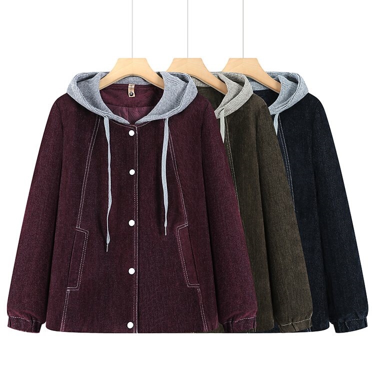 Middle-aged women's corduroy hooded jacket with decorative stitching, elastic cuffs, loose casual style, autumn jacket for mothers