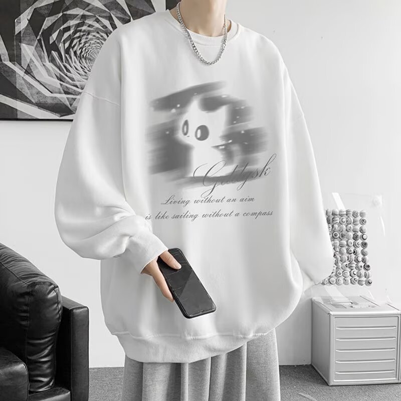 Autumn and winter cat-themed round-neck sweatshirt for men, 2026 new style, American-style, fleece-lined, plus-size, loose-fitting, casual sweatshirt Autumn and winter cat-themed round-neck sweatshirt for men, 2026 new style, American-style, fleece-lined, plus-size, loose-fitting, casual sweatshirt