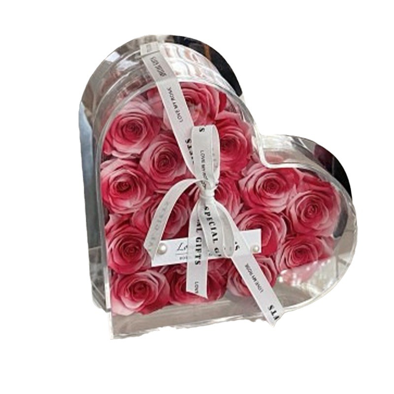 Rosa eterna de flores reales con temática de amor, producto terminado en caja de regalo acrílica, un regalo de alta gama para novia en el Día de San Valentín chino.