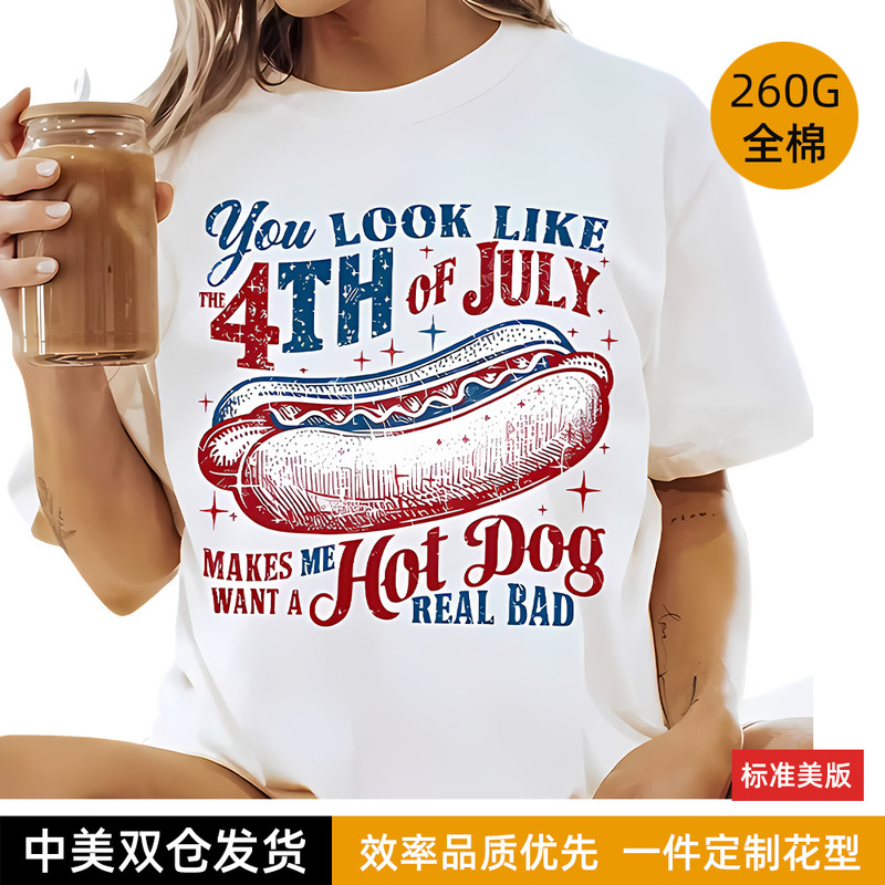 Foreign Trade Women's Clothing Patriotic July 4Th Pattern T-Shirt Hot Dog Pattern Printed Casual Short-Sleeved Round Neck Top