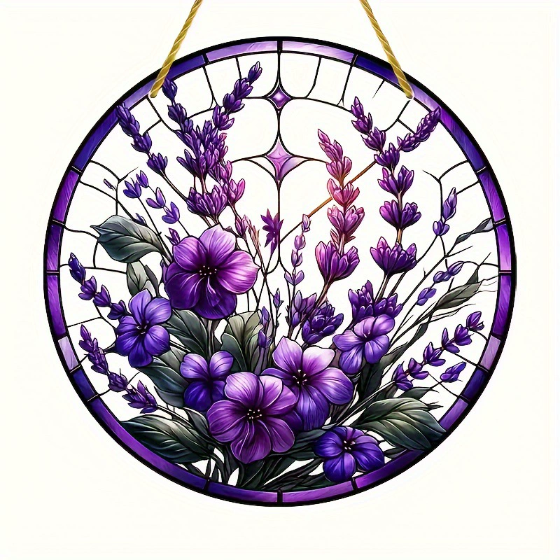 Арт-деко акриловая лаванда и фиолетовый цветочный настенный орнамент-рисованный стиль стекла, круг