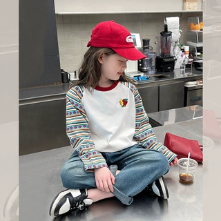 儿童复古插肩袖t恤女童洋气长袖打底衫中大童装上衣2025春秋新款