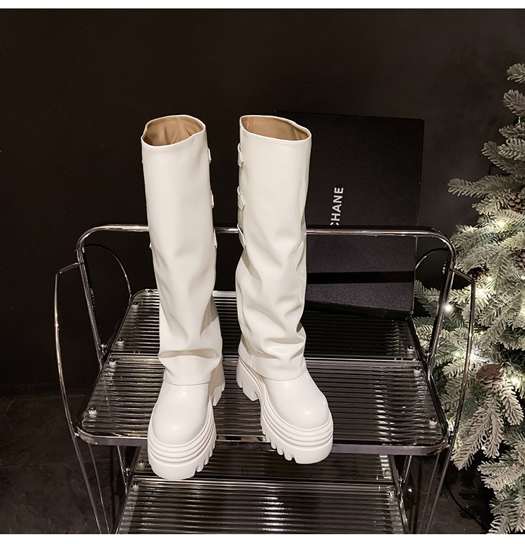 Boot nữ cổ cao ôm bắp chân da thật đế dày tăng chiều cao 15cm gót chunky — Lớp lót đơn màu trắng nhạt 12cm, Lớp lót đơn màu nâu 15cm, Màu đen đơn 12cm, Lớp lót nhung màu nâu 12cm chi tiết 24