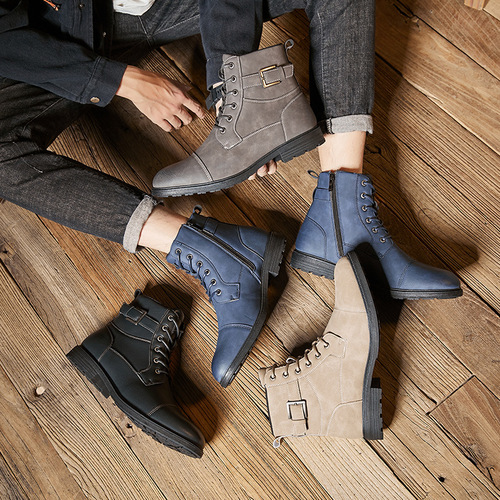 Autumn/Winter Work Boots, British Men's Martin Boots, Non-slip Retro Laced High-top Round Toe Boots with Side Zip