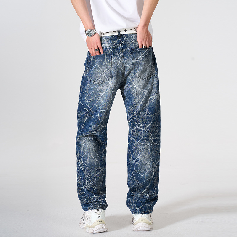 Men's Loose Straight Leg Jeans High Street Lightning Print Retro Cool Wide Leg Trousers For Spring Autumn_mkmklike.com