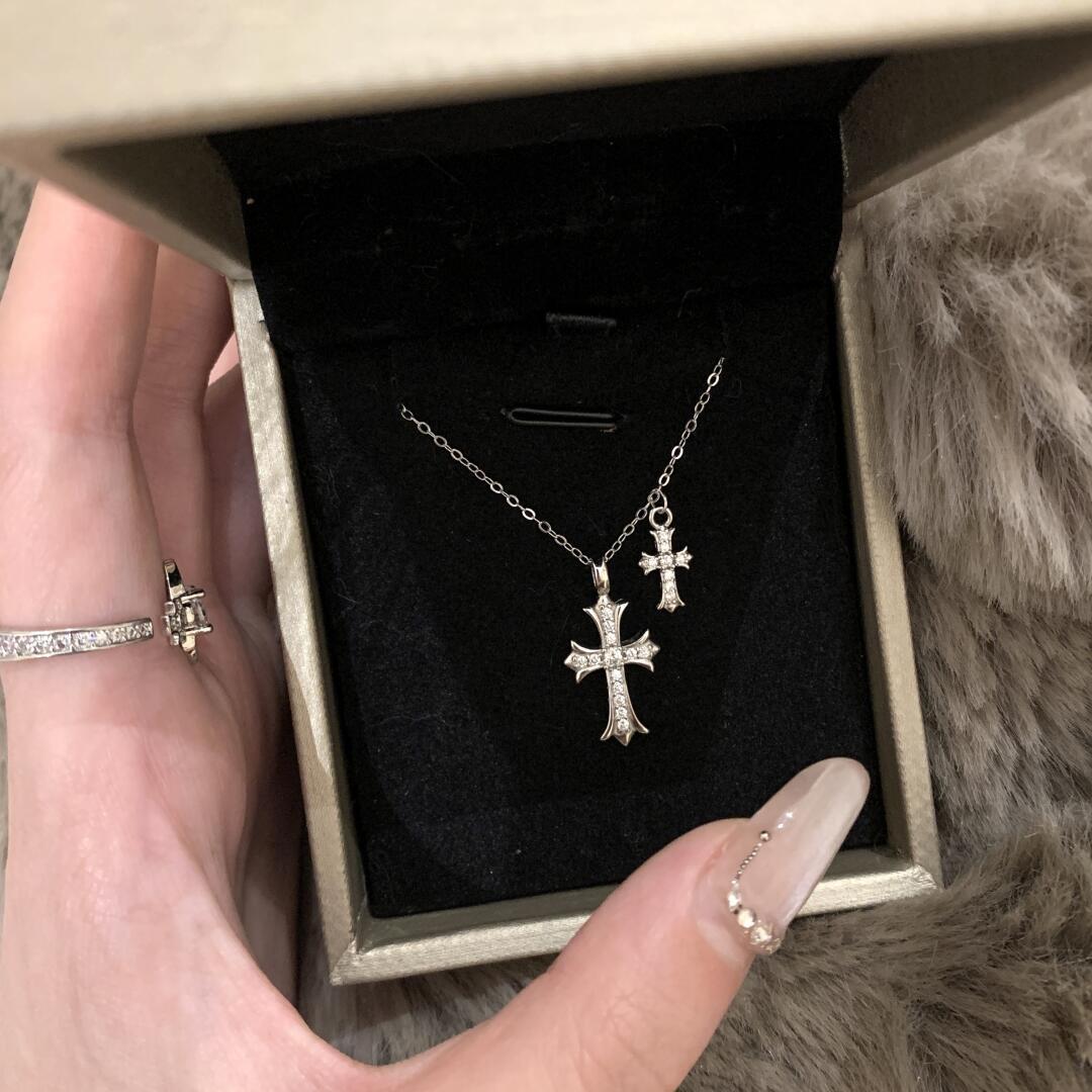 S925 Sterling Silver Double Cross Necklace Women's Cross-Border Niche Design Accessible Luxury High-End Clavicle Chain Versatile Neck Jewelry