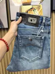 Flying Eagle Premium Men's Light Blue Slim Straight Stretch Embroidered Jeans for Spring/Fall & All Seasons