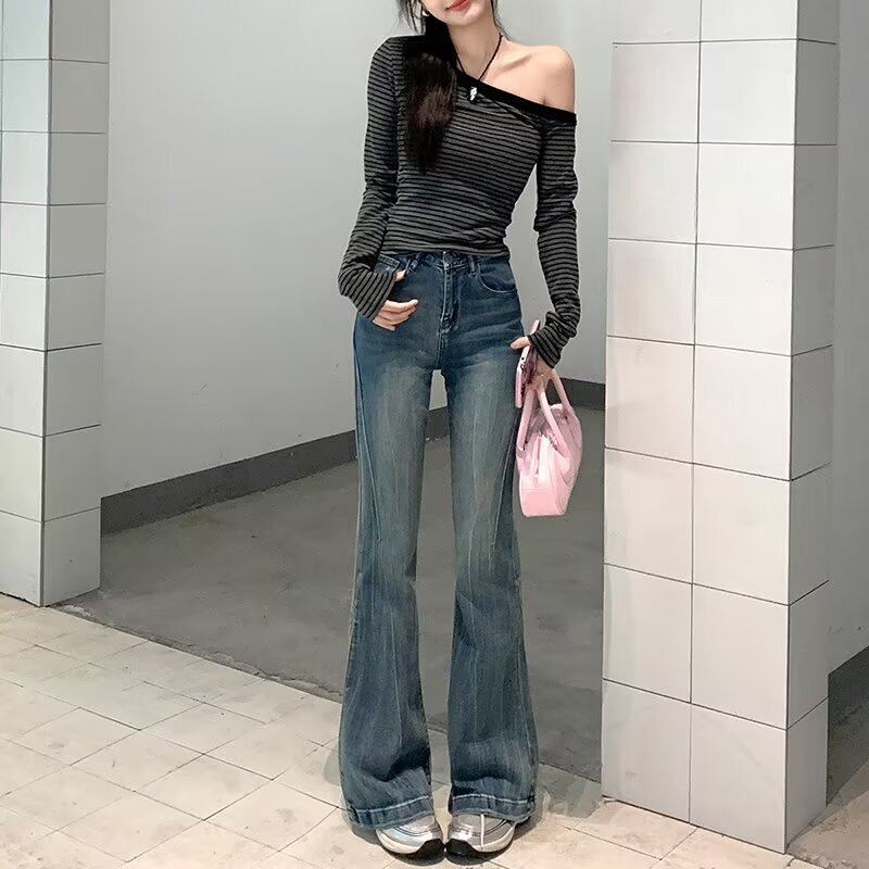 Petite Flared Jeans for Women, New Spring and Autumn American Retro Style, High-Waisted, Slimming, Non-Tight Flared Pants Petite Flared Jeans for Women, New Spring and Autumn American Retro Style, High-Waisted, Slimming, Non-Tight Flared Pants