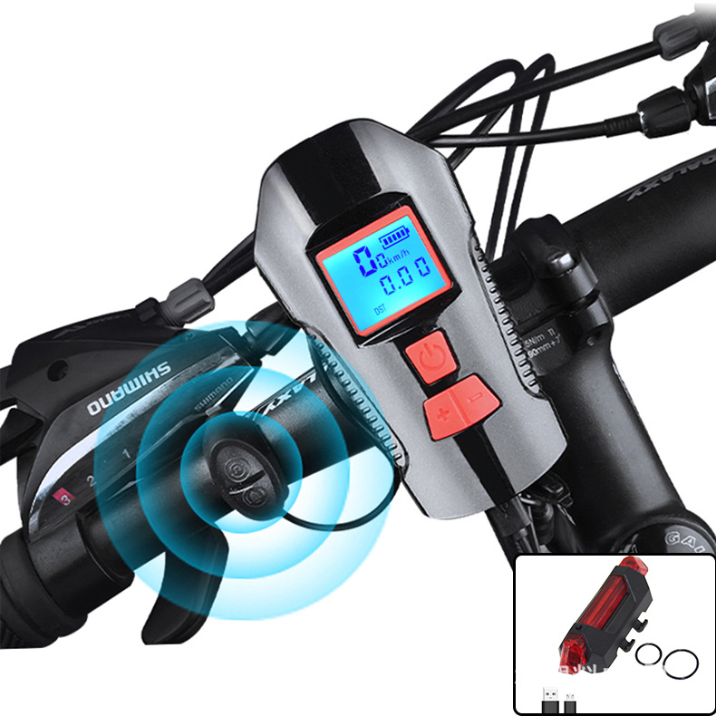 USB充电码表灯自行车前灯+尾灯套装 带电量显示码表自行车喇叭灯