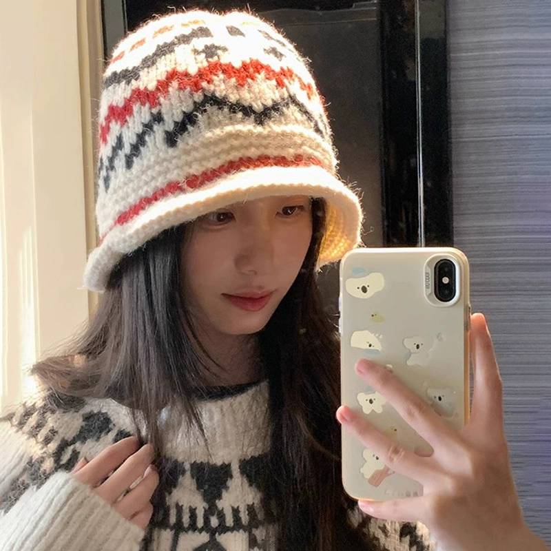 Жаккардовая шапка Fair Isle вязаная для женщин, зимняя утолщённая тёплая шерстяная шапка, показывает лицо, маленькая рыбачья шапка с защитой ушей от холода