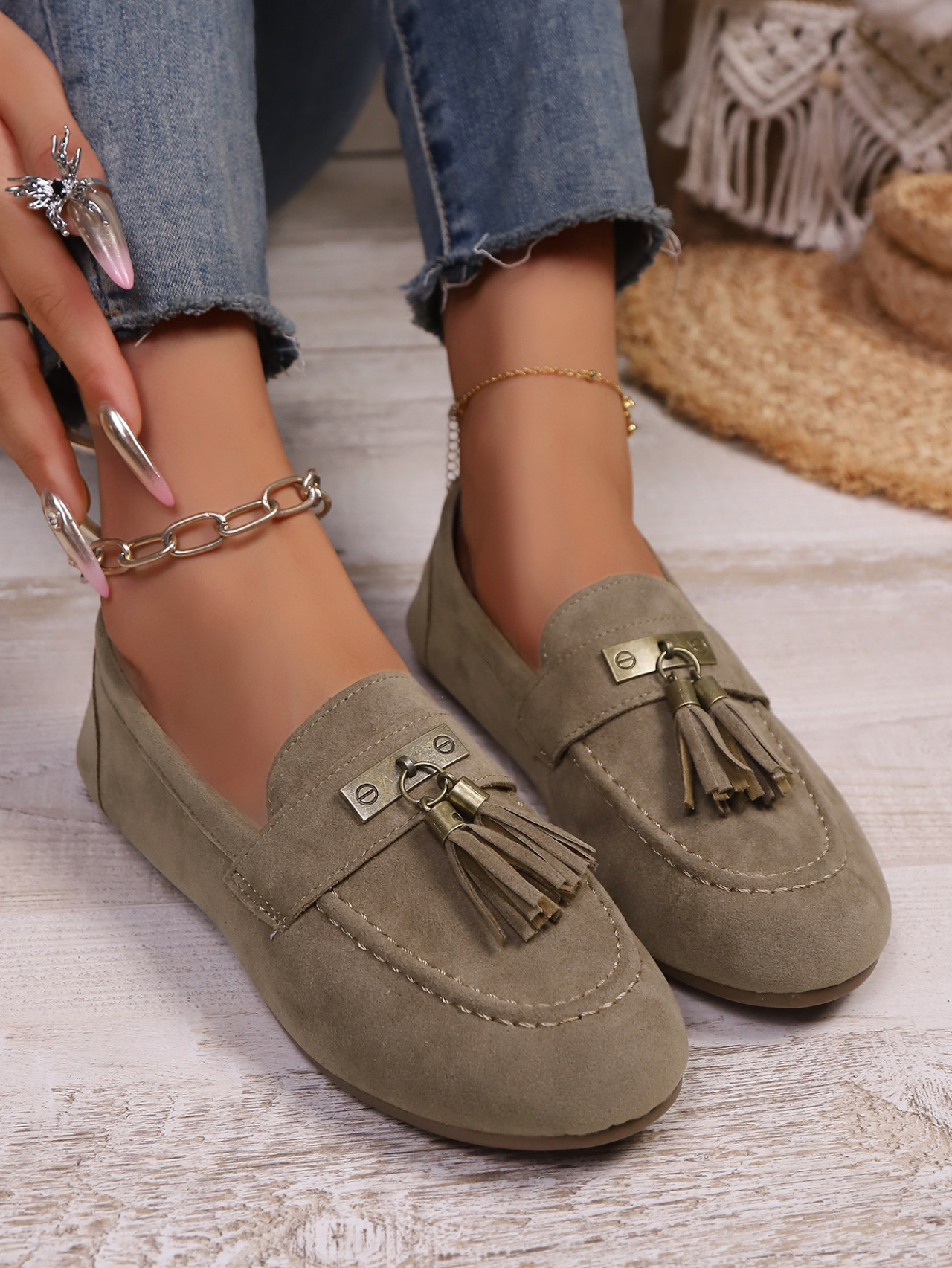 Bequeme Damen Wildleder Slipper Freizeitschuhe Mit Quasten Dekor_voghion.com