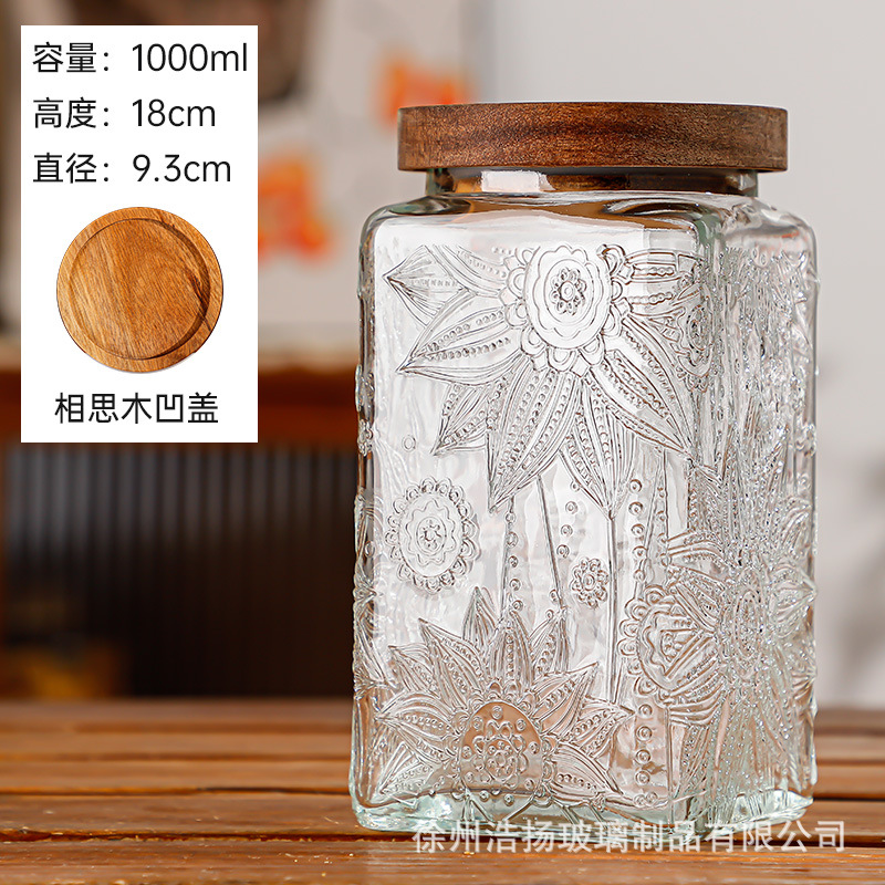 Vidrio de alivio de vidrio sellado tarro cuadrado tarro de almacenamiento merienda fruta seca almacenamiento tarro cocina hogar tarro de vidrio retro