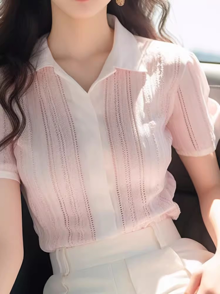 Áo polo nữ kiểu Chanel phong cách Pháp thanh lịch — màu hồng
