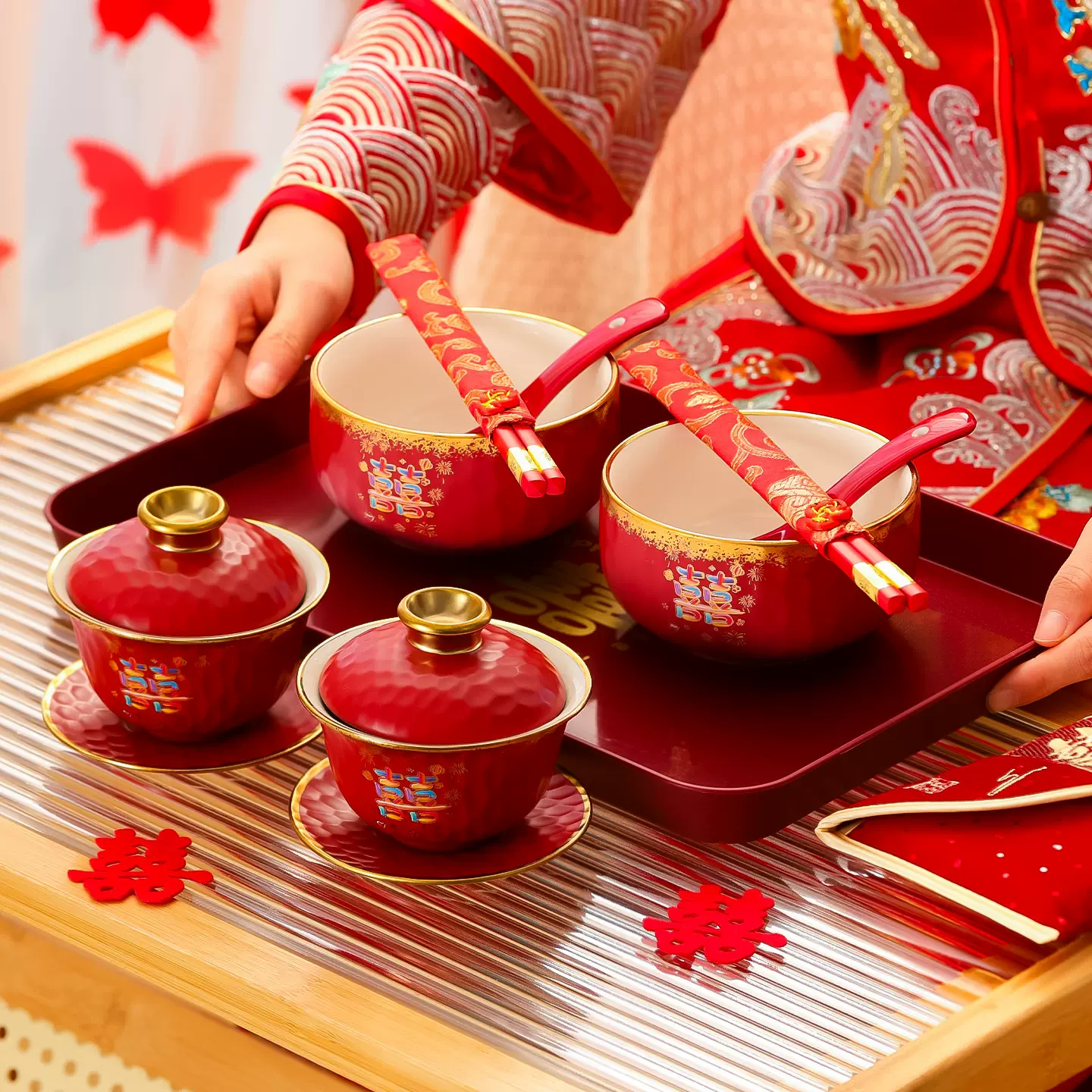 结婚改口敬茶杯套装婚礼一对红色喜碗盖碗茶具婚嫁用品陪嫁大全