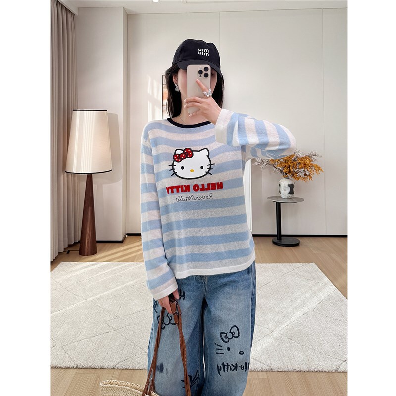 Original C! Blue and White Striped Merino Wool Hello Kitty Knit Sweater for Women, Loose Fit, Slimming Cover-Up, Classic Cartoon Top Original C! Blue and White Striped Merino Wool Hello Kitty Knit Sweater for Women, Loose Fit, Slimming Cover-Up, Classic Cartoon Top