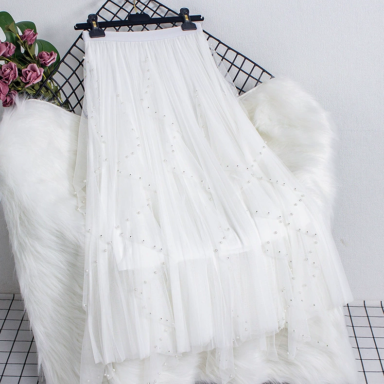 Юбка из сетки с тяжелыми бусинами, весна 2025, новая, с завышенной талией, стройнящая, средней длины, с большим А-образным подолом