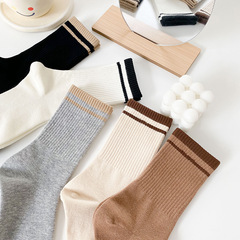 雙槓襪子女韓版網紅外穿學生運動長筒襪百搭撞色條紋學院風中筒襪