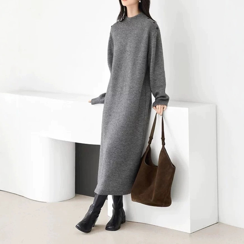 Mid-Length Gray Knitted Dress for Women, Autumn and Winter, Half-High Collar, Casual, Loose, Slimming, Over-The-Knee, Sweater Dress