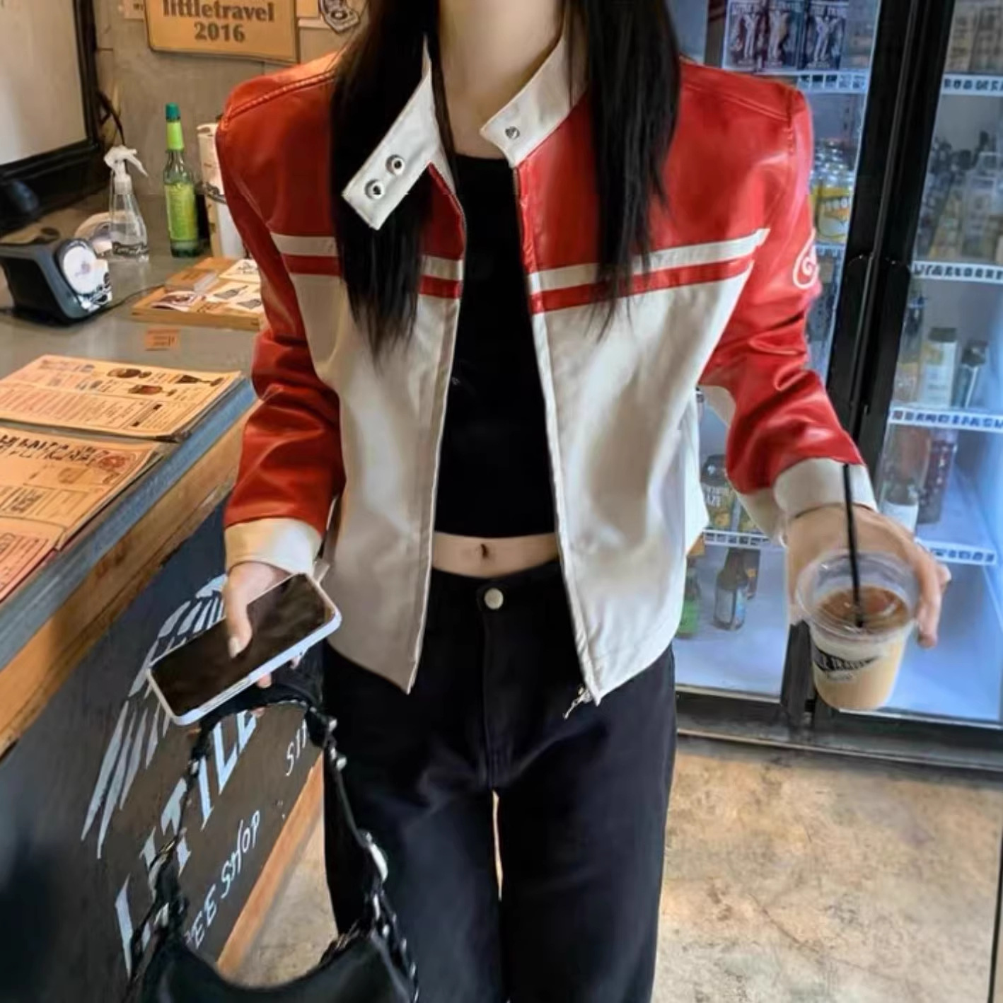 港味美式外套女2026冬季新款黑白撞色上衣宽松高腰机车棒球服ins