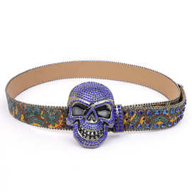 新款哥特风骷髅头带印花腰带加宽配牛仔裤朋克针扣镶钻欧美复古风