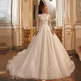 Long-Sleeved Wedding Dress 2025 New Summer Bridal High Collar Long-Sleeved Lace Slim Tail Luxury Fluffy Wedding Dress