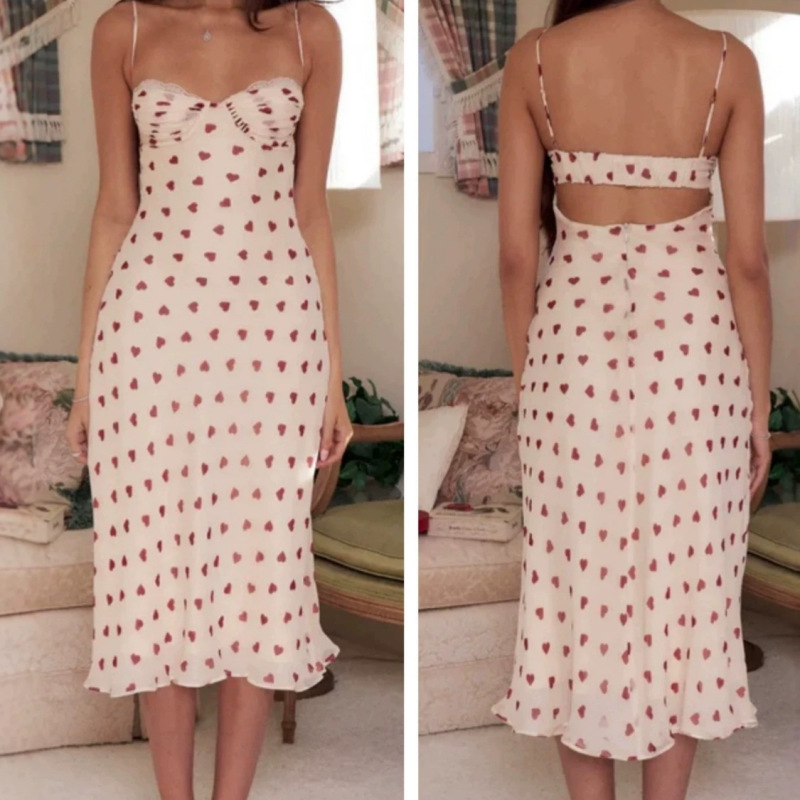 New Summer French-Style Design Heart-Printed Spaghetti Strap Dress with Lace Trim, V-Neck, Backless, Slimming Dress
