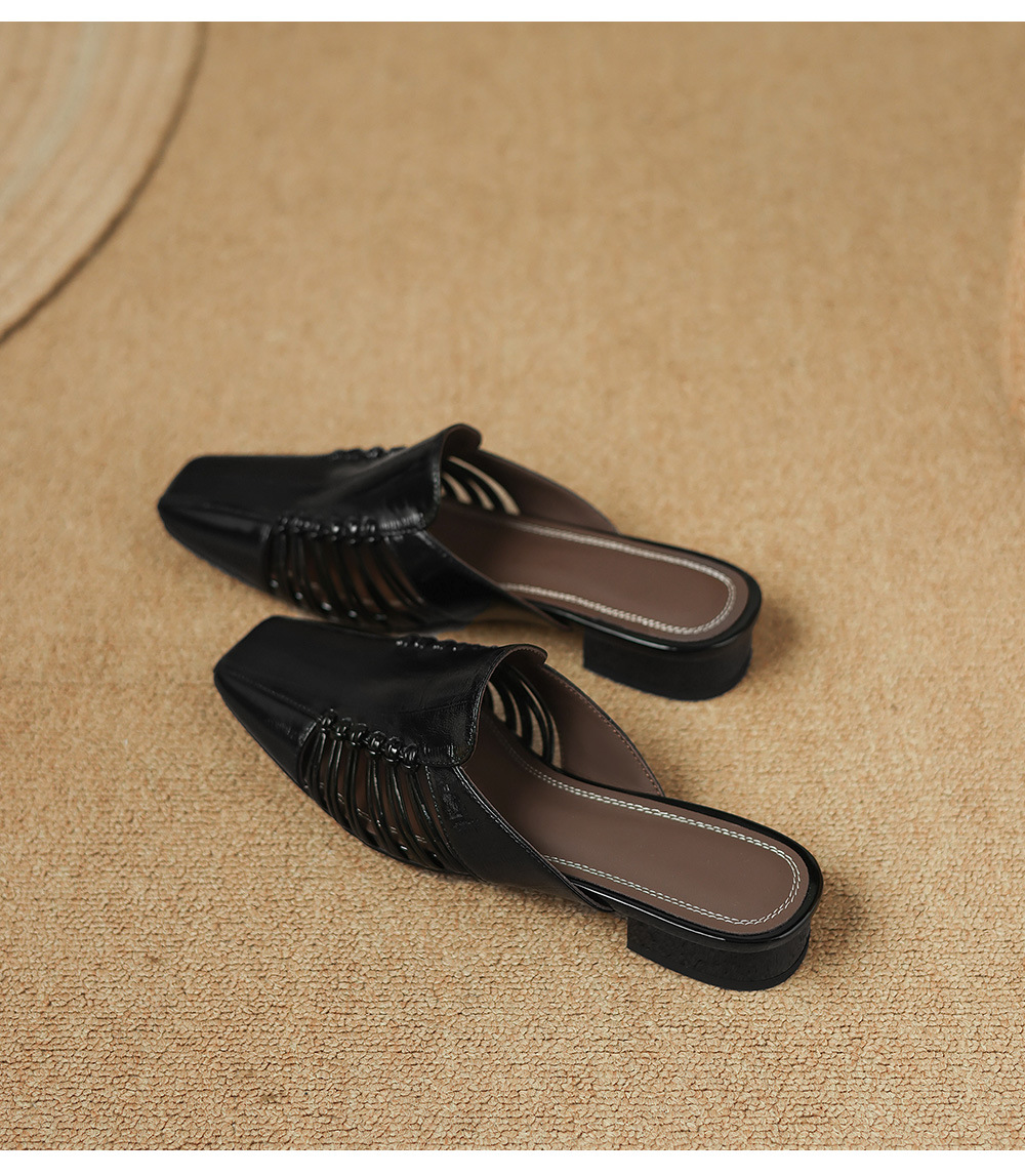Dép sandal nữ quai chữ V bệt mũi tròn phong cách vintage — đen chi tiết 29