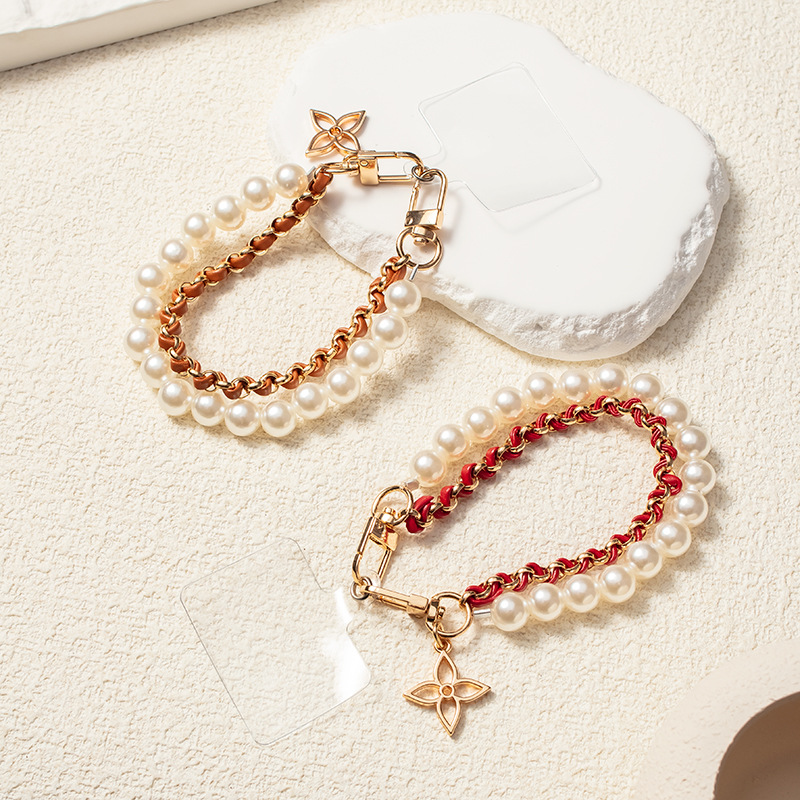 mobile phone lanyard wrist strap short pearl phone case chain wear leather chain rope mobile phone charm beaded mobile phone lanyard