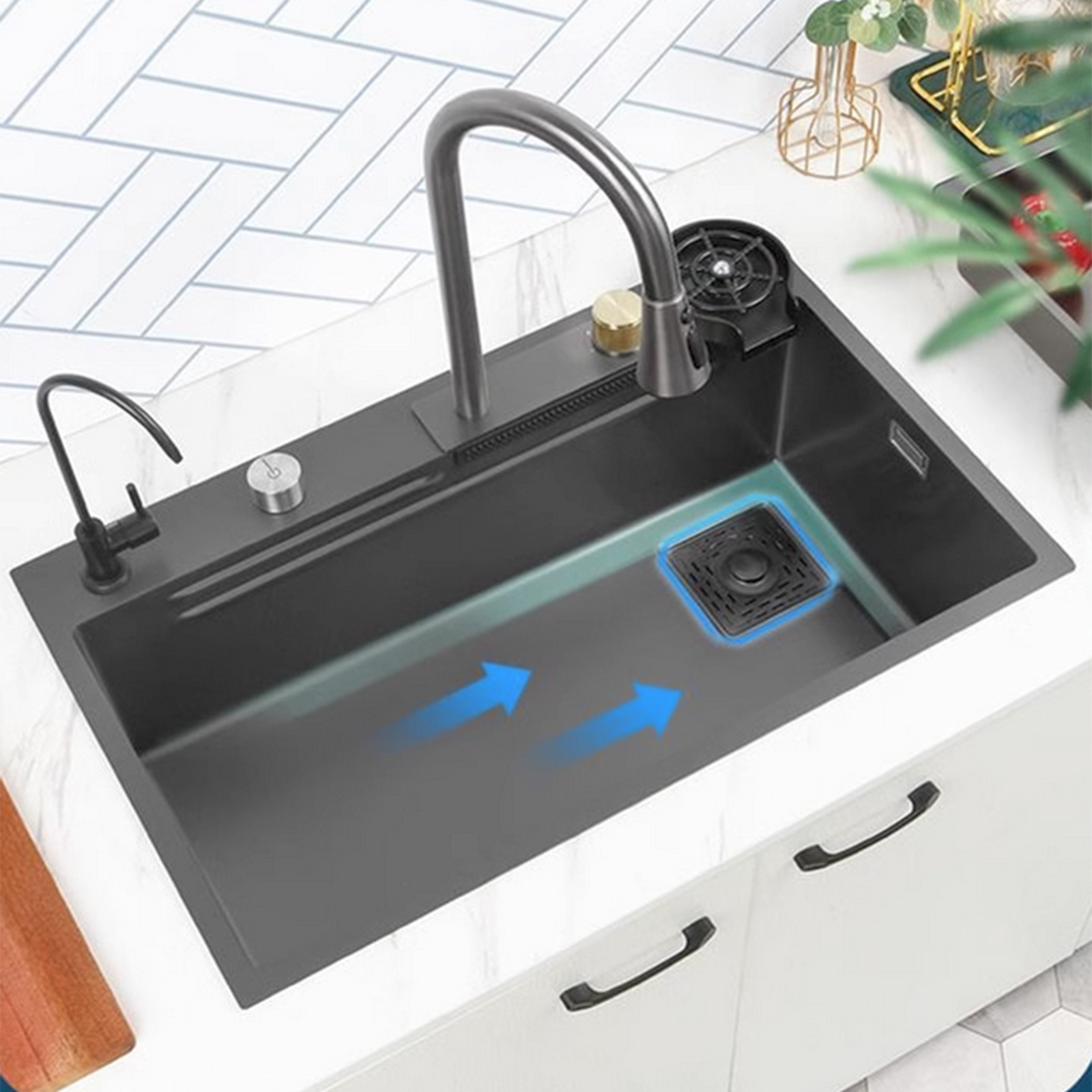 Cocina de acero inoxidable fregadero caliente y frío tire volar lluvia cascada salida de agua de tres modos de un solo agujero grifo del fregadero