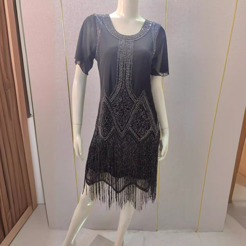 Cross-border Heavy Industry Beaded Sequins dress Short-sleeved Tassel Ball Banquet Dress 1920S Gatsby South Oil
