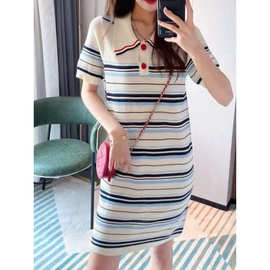 2025小个子显高领针织连衣裙女春夏遮肚子减龄条纹恤连衣裙