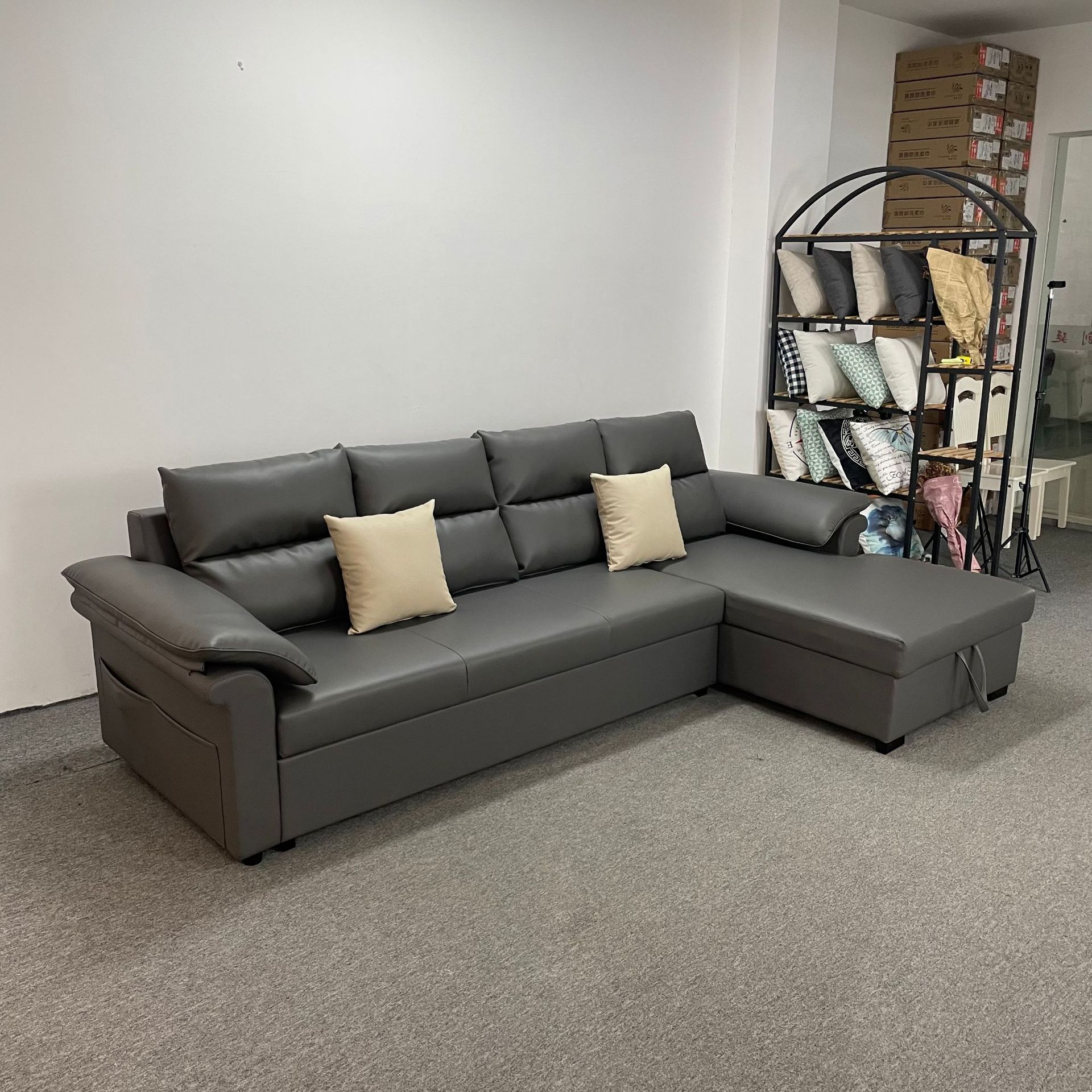 Sofá cama de cuero multifuncional de doble propósito tipo casa grande y pequeño con esquina de rotación de combinación de almacenamiento sofá cama plegable