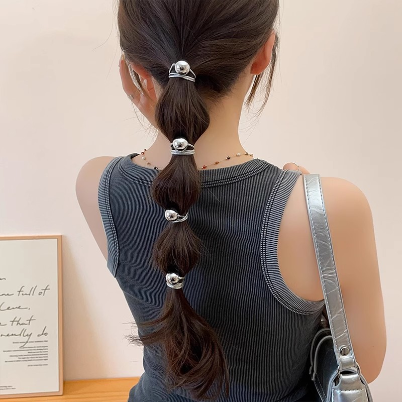 Silver Round Ball Hair Tie Elastic Hair Band For Women_voghion.com